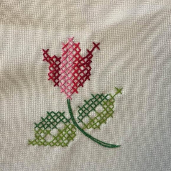 78x57 Vintage Hand Embroidered Cross Stitch Tablecloth + 8 Napkins Floral EUC - Picture 8 of 10